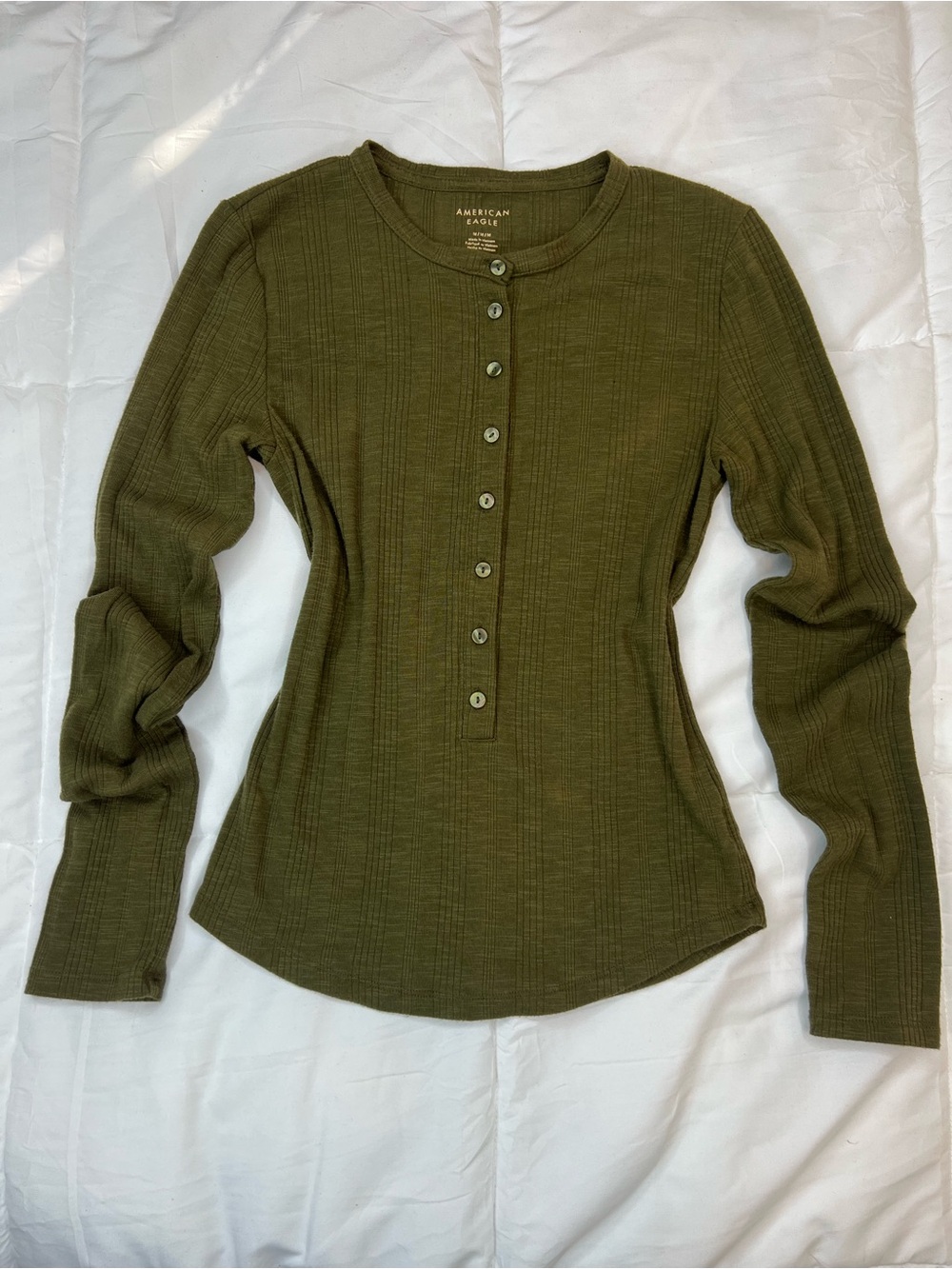 American Eagle Outfitters Olive Ribbed Henley Long Sleeve Top